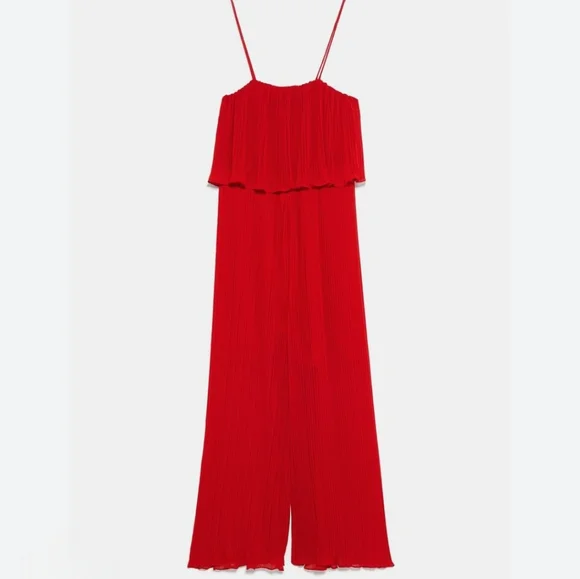 ZARA Red Pleated Flowey Spaghetti Strap Cropped One-piece Jumper - Picture 2 of 9